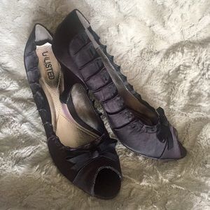 Black satin peep toe heels